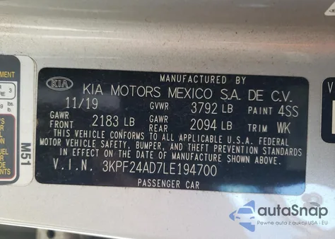 2020 Kia Forte Fe z USA, uszkodzony, nr VIN 3KPF24AD7LE194700